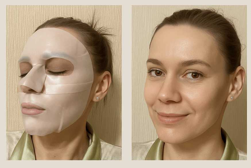 Side view transformation using collagen sheet mask – Liornelle glow effect.. Lionelle collagen mask visibly softens and plumps skin after one use.