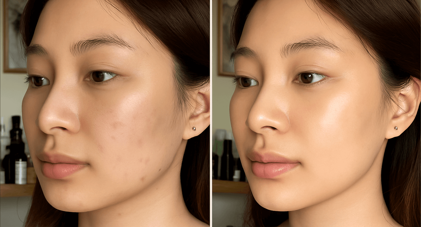 Skincare transformation of Asian customer showing reduced texture and enhanced glow after Liornelle ritual