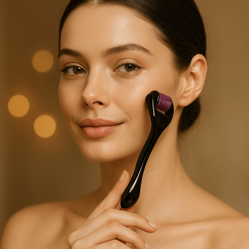  Woman using Lionelle Microneedling Derma Roller to rejuvenate and boost skin glow.