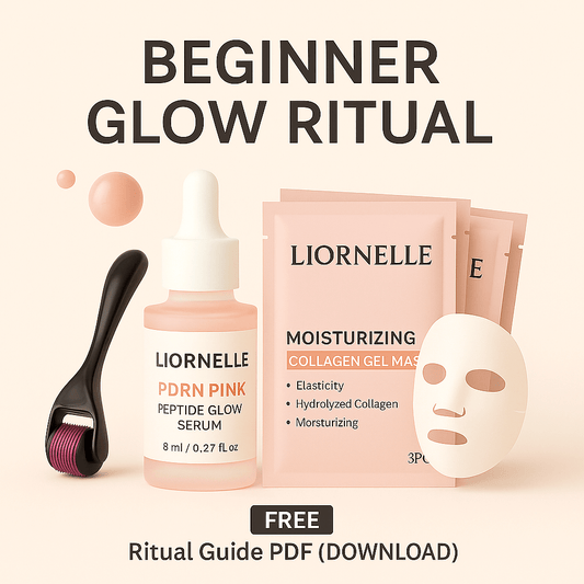 Beginner Glow Ritual skincare set with microneedling roller, PDRN serum, collagen mask, and free digital ritual guide