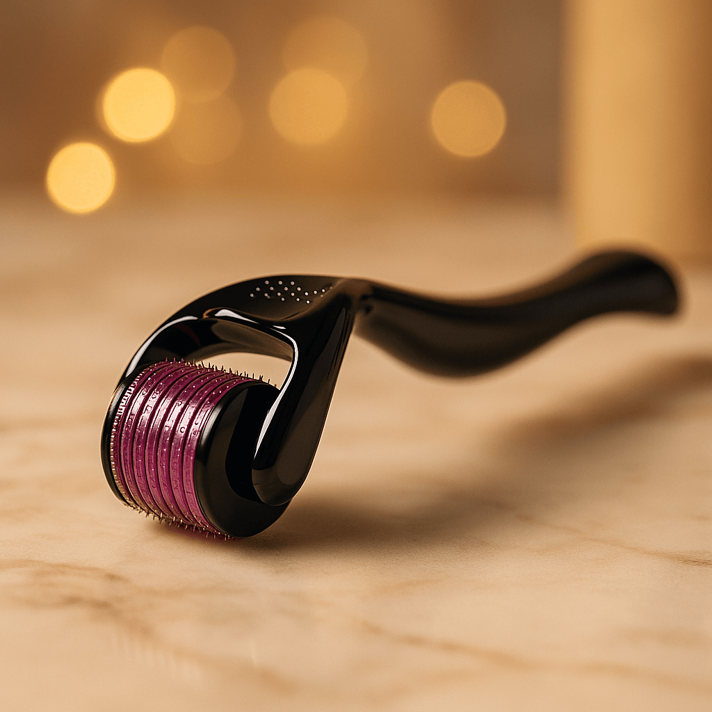 Lionelle 0.2mm Microneedling Derma Roller – sleek black beauty tool with purple titanium needles for collagen stimulation.