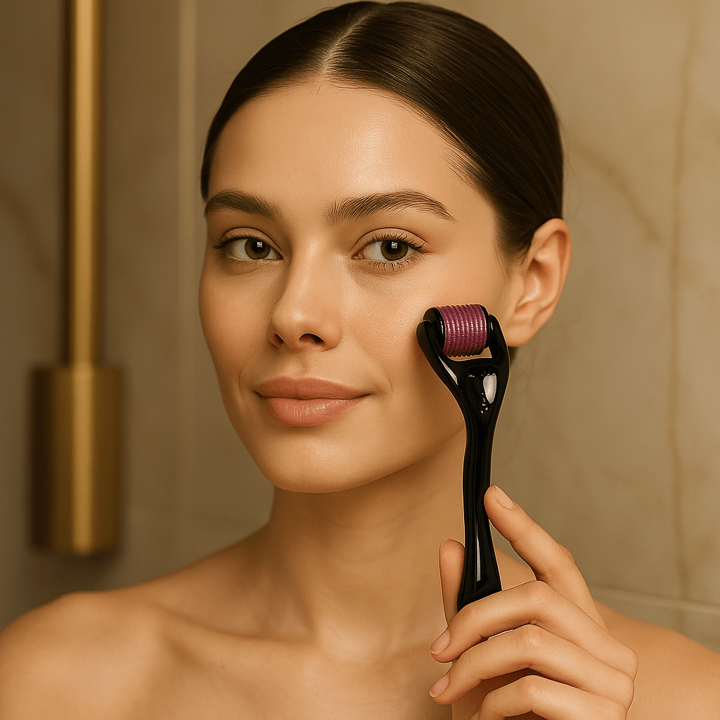 Close-up of model holding Lionelle Derma Roller for gentle at-home collagen therapy.