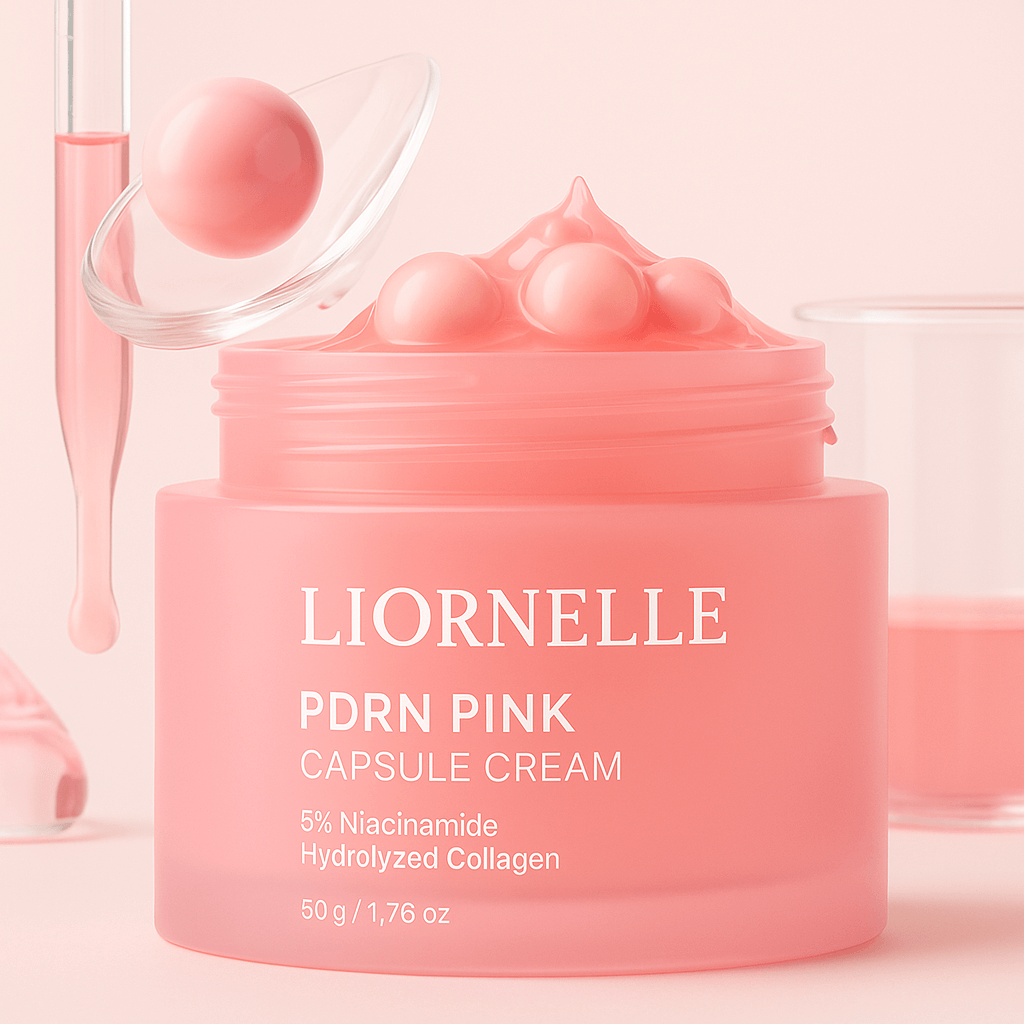  Lionelle PDRN Pink Capsule Cream with niacinamide and hydrolyzed collagen – lightweight, glow-boosting moisturizer.

