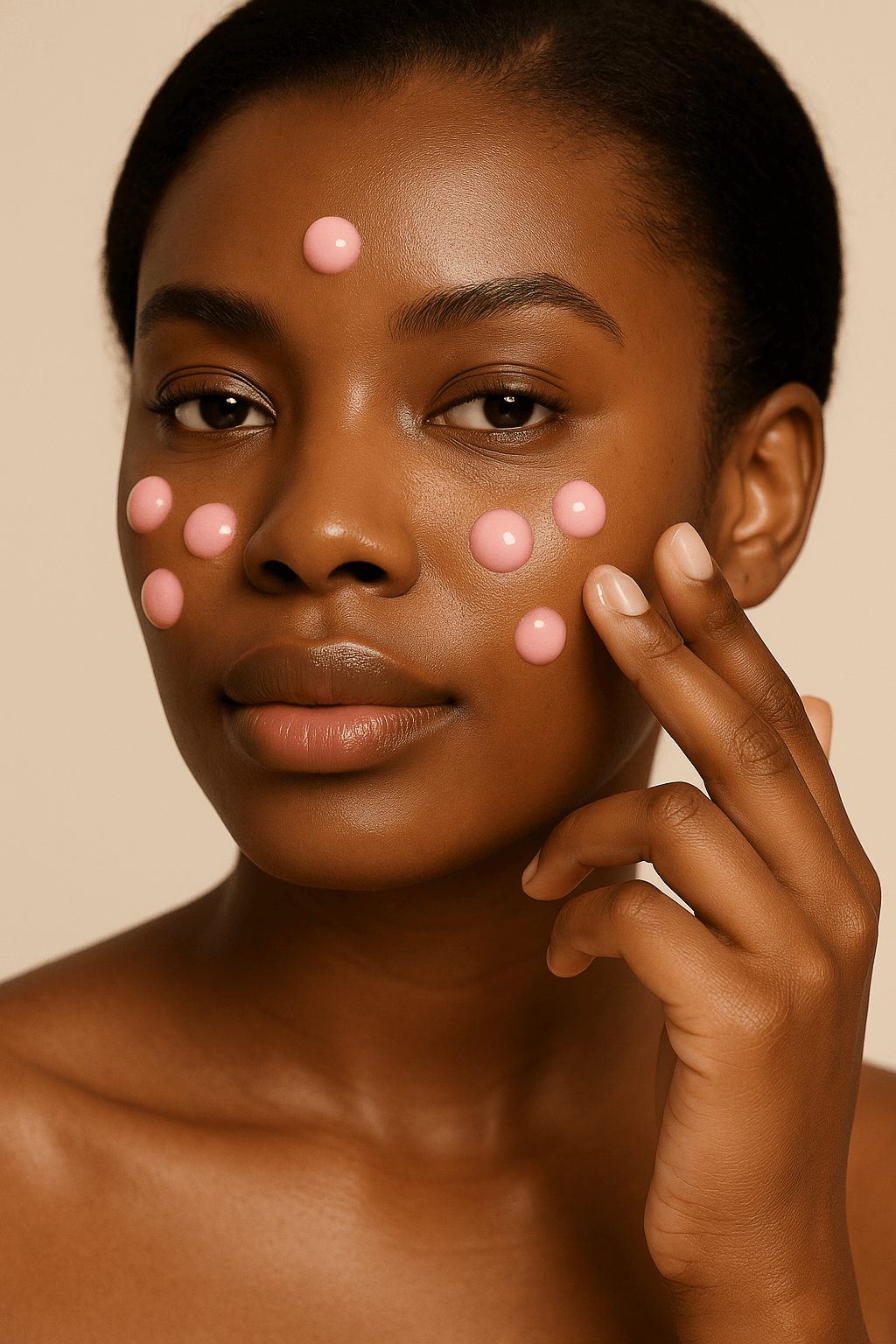 Model applying pink capsule cream to cheeks – even tone and radiant glow.