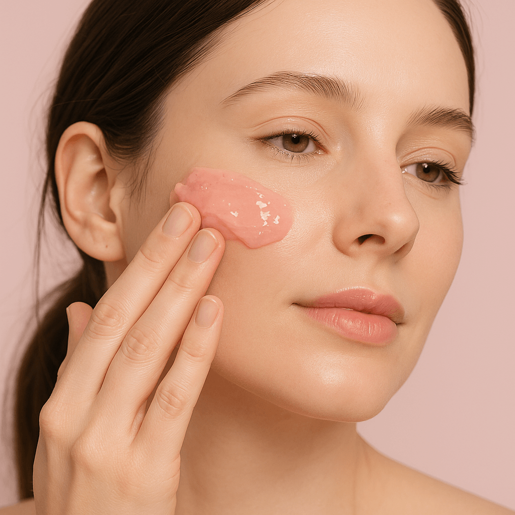 Soothing and hydrating Lionelle cream being gently massaged into skin. Glow-up moment using Lionelle pink capsule cream with face sculpting tool.