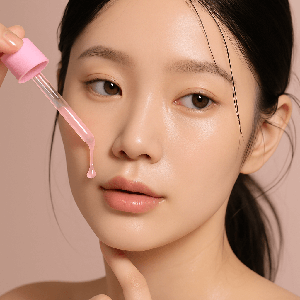  Model applying Lionelle pink peptide glow serum with dropper.