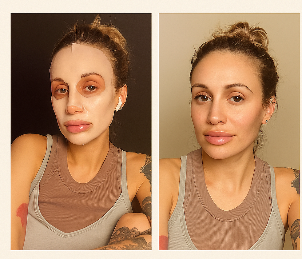 Before and after skin glow results using Liornelle collagen mask – female user selfie