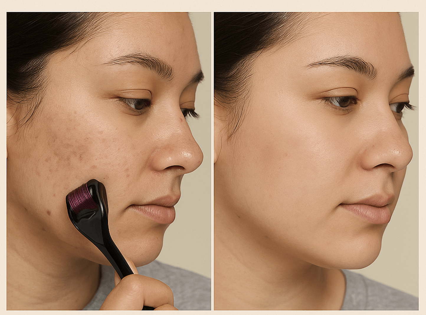Side view of woman using microneedling roller to target pigmentation and uneven skin tone.