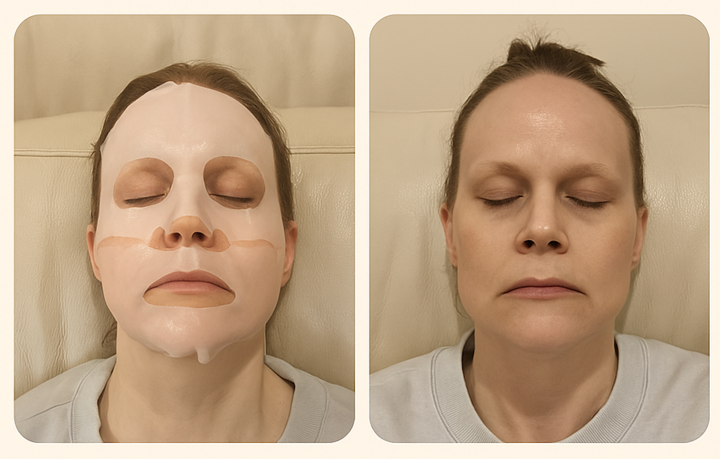 Relaxed female customer during collagen mask treatment – before and after skincare results