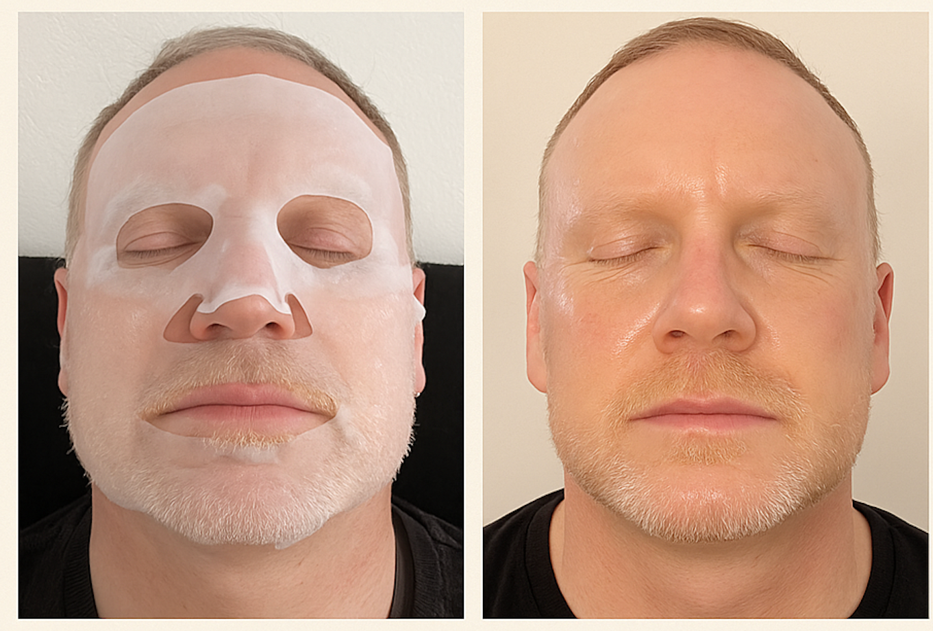 Male customer showing before and after results with Liornelle collagen sheet mask