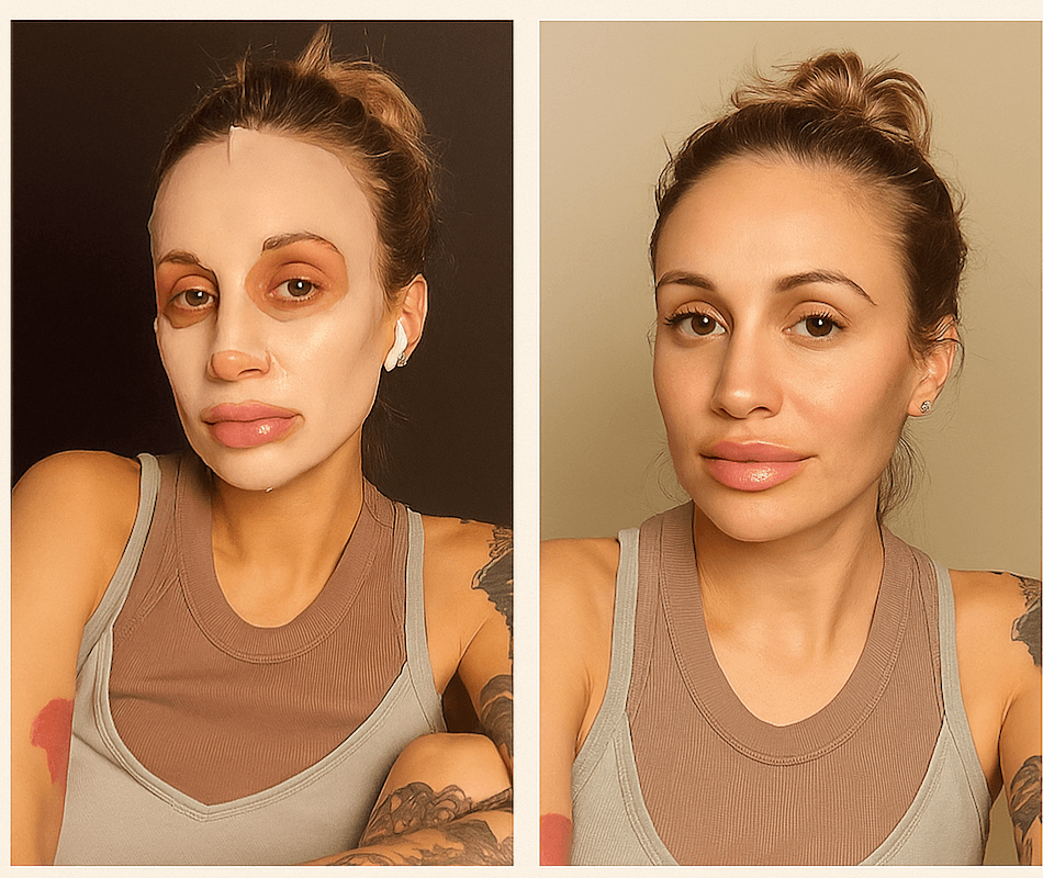  Before and after results using Lionelle collagen sheet mask – brighter and more even skin tone.