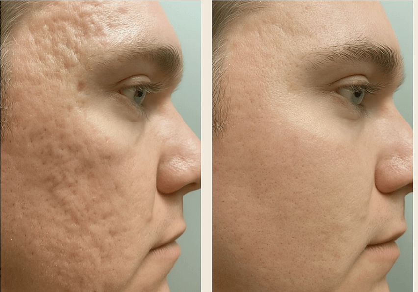 Dramatic improvement in acne scarring and skin texture after consistent use of Liornelle Pro Glow Ritual microneedling 