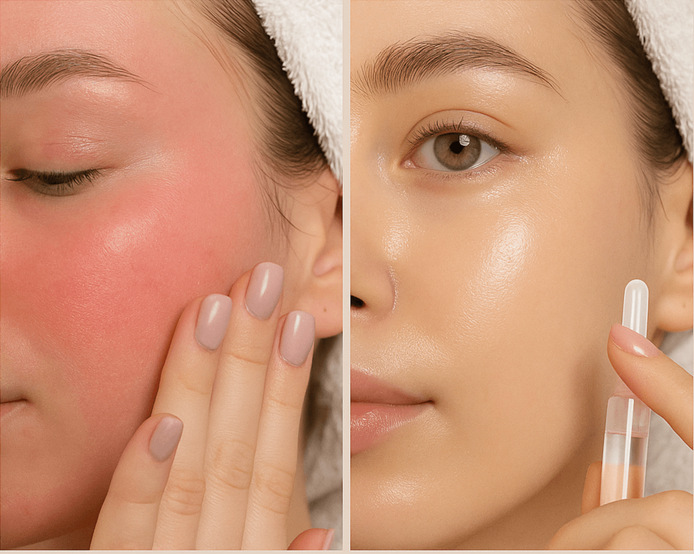 Initial redness followed by glowing hydrated skin after Liornelle microneedling and serum use.  Before/after redness relief with Lionelle glow serum.